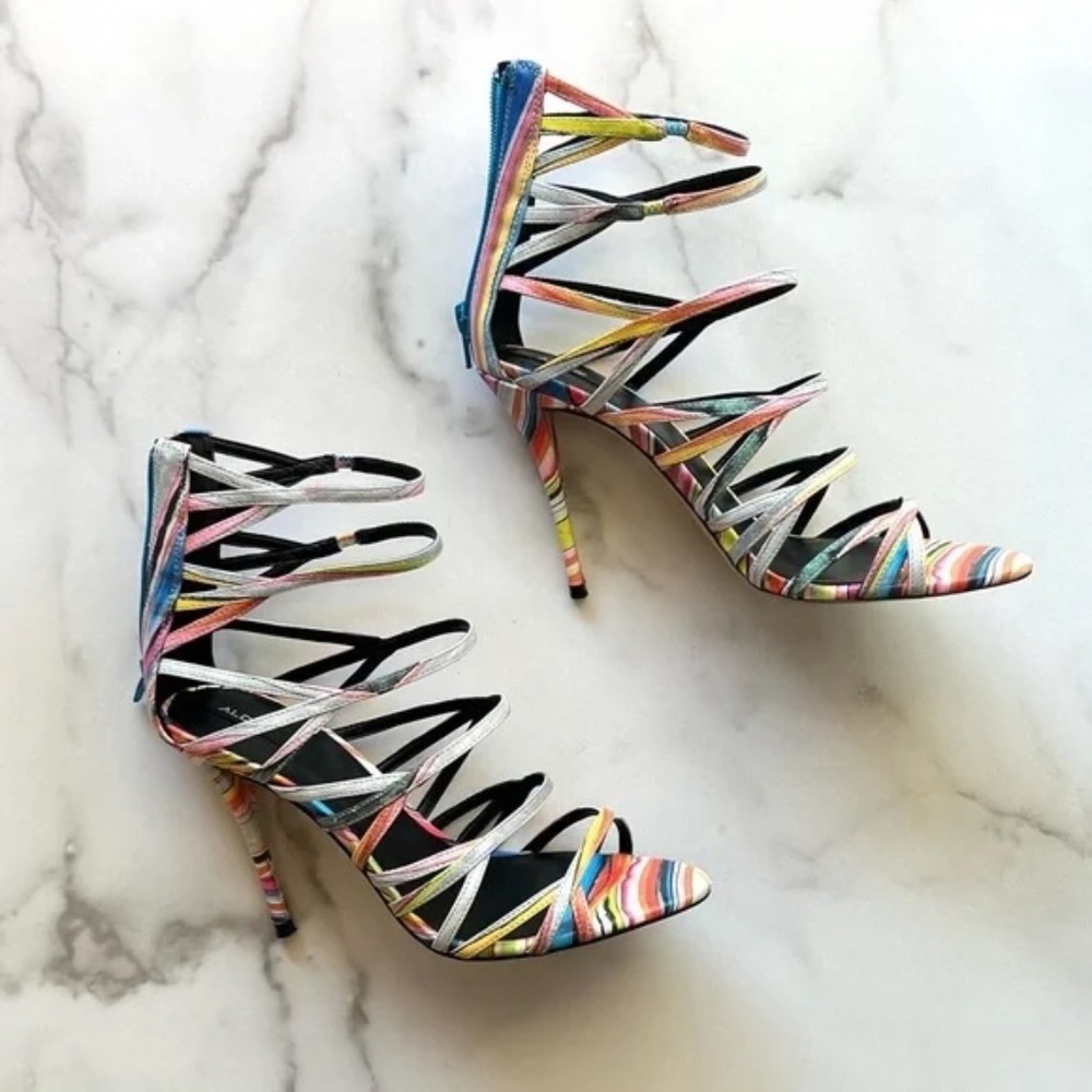 Aldo Bonabella-5 Multicolor Neon Strappy Open-Toe Stiletto Sandals 7.5 - Picture 3 of 11